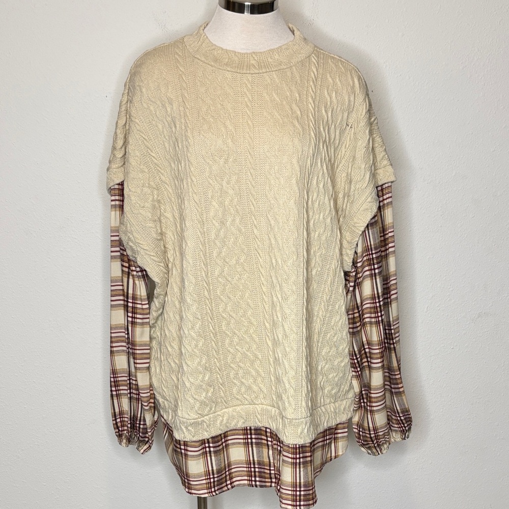 Maurices size 3X Beige Cable Knit Sweater with plaid Sleeves for a layered look